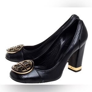 Tory Burch Reva Block Heel Pumps Black Leather Gold Logo Sz 6.5 Womens
